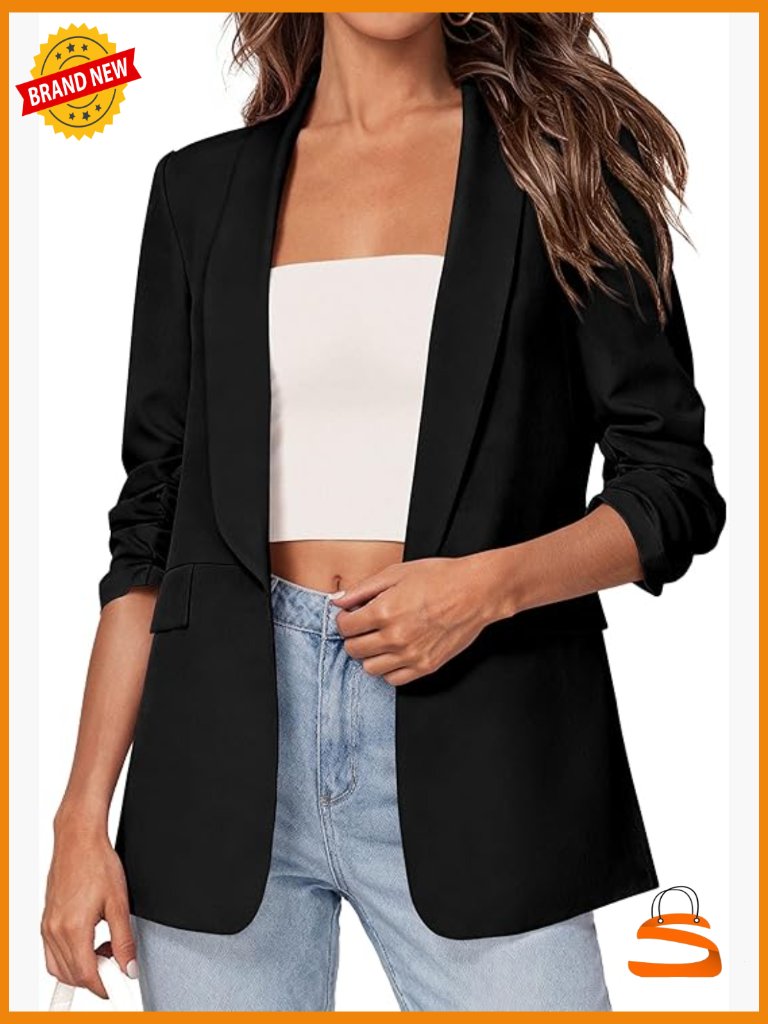 Open Front Ruched 3/4 Sleeve Blazer For Work